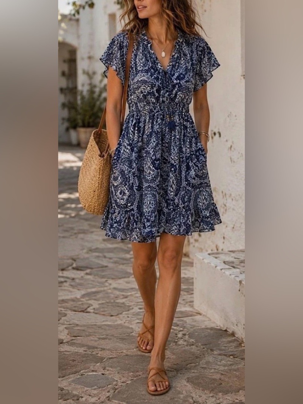 Sundance V-Neck Flutter Sleeve Tiered Dress Blue Paisley Ruffle Women Size Small